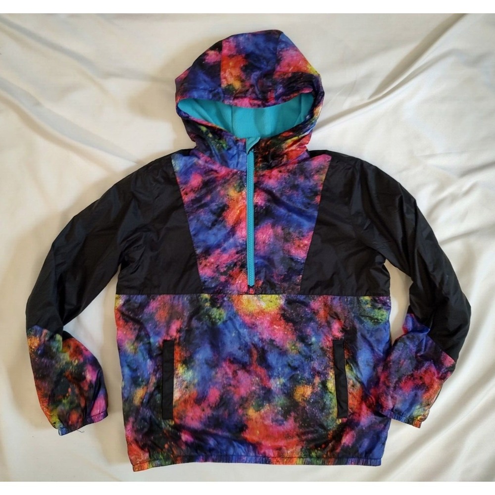 Lands' End Jacket Galaxy Print & Black Fleece Lined 1/4 Zip Hood Girls XL 14-16